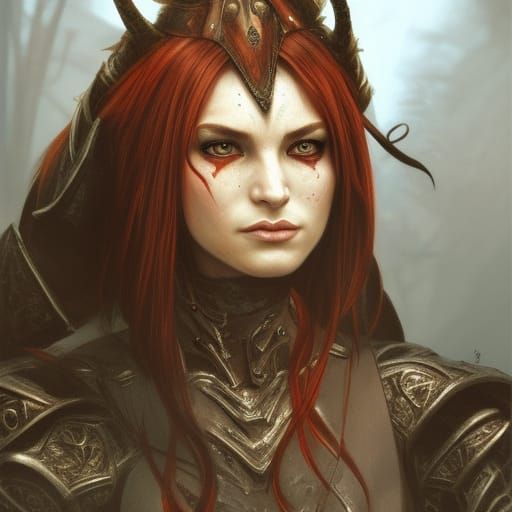 armor, feral thiefling, wizard, female, long horns, red long hair, d&d ...