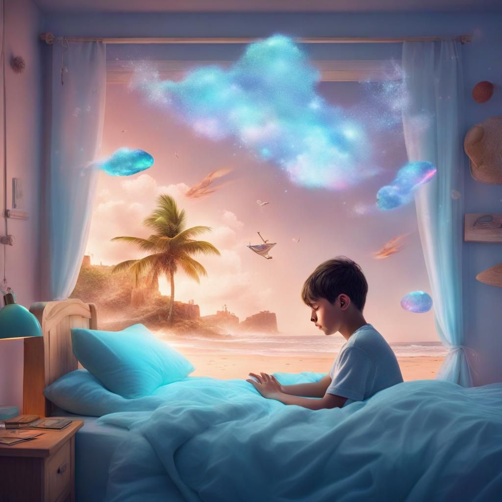 a boy in a bed having holographic vapour dreams of beaches c...