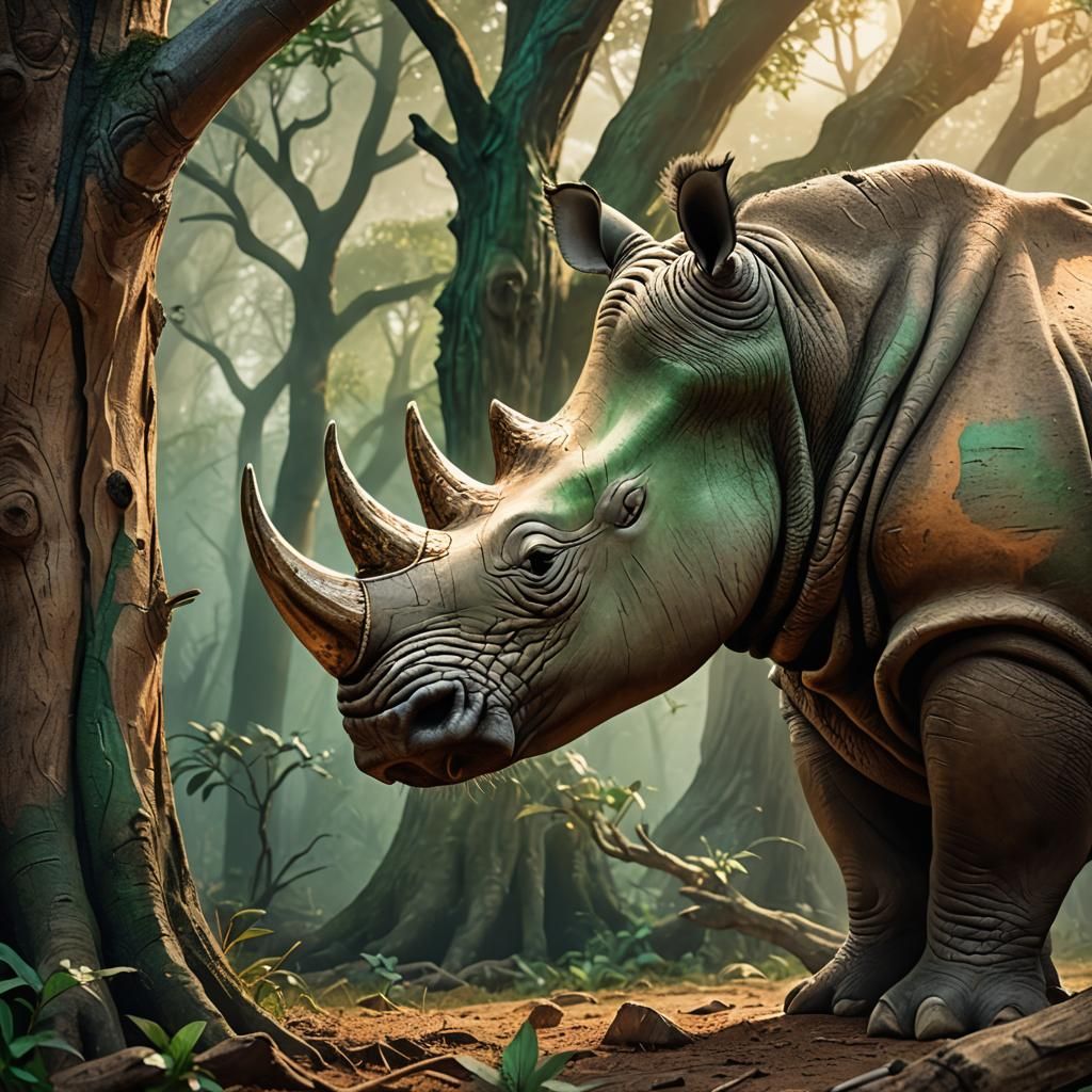 Rhino Eating Tree Trunk in Vibrant Fantasy Art