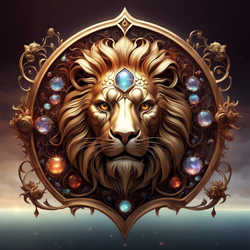 Epic Art Nouveau Shield with Maroon Lion and Precious Gems