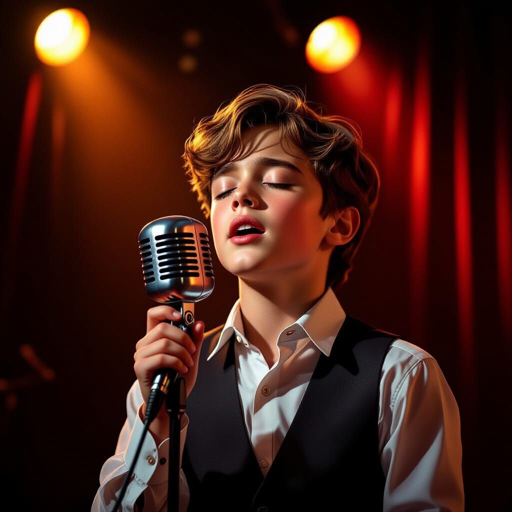 Handsome Boy Sings Into Vintage Microphone