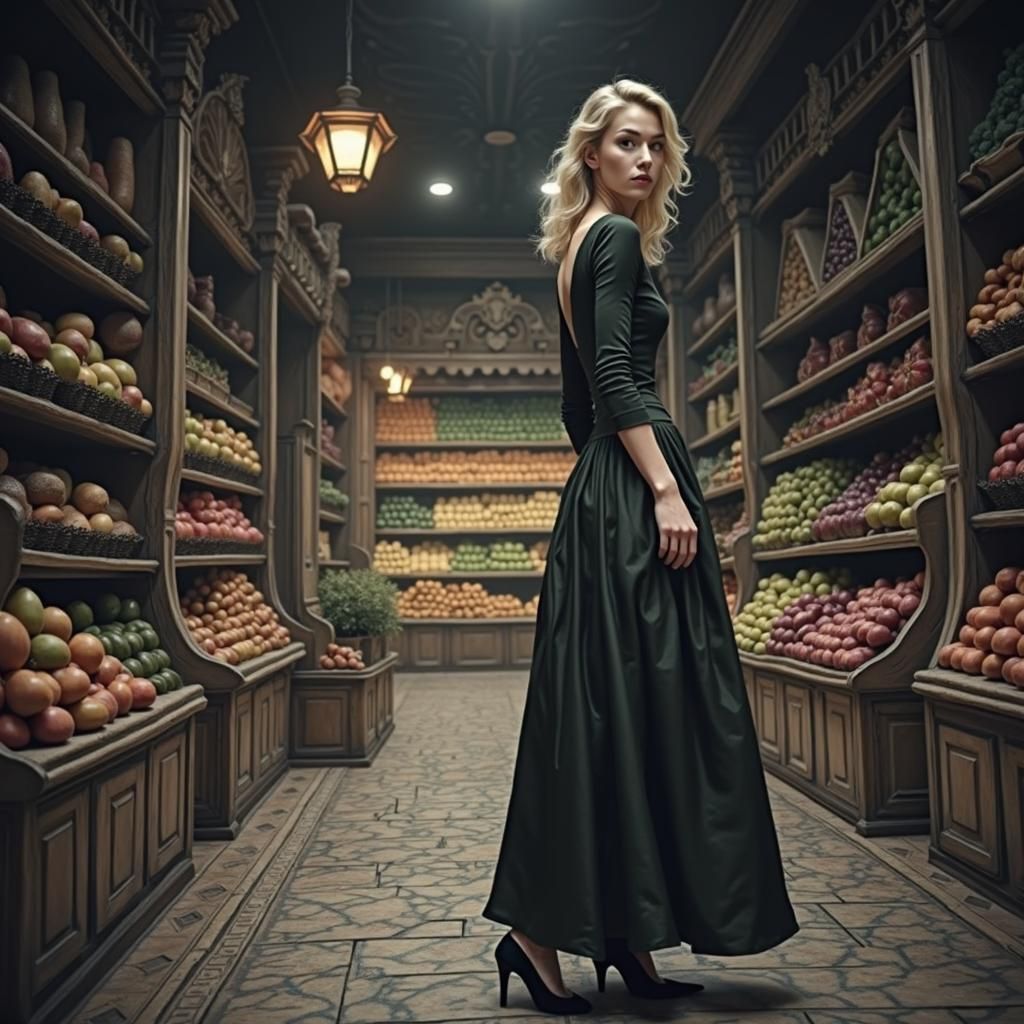 Very Tall Blonde woman shopping for potion ingredients, wearing a bark bodice and knee length skirt with High heel pumps