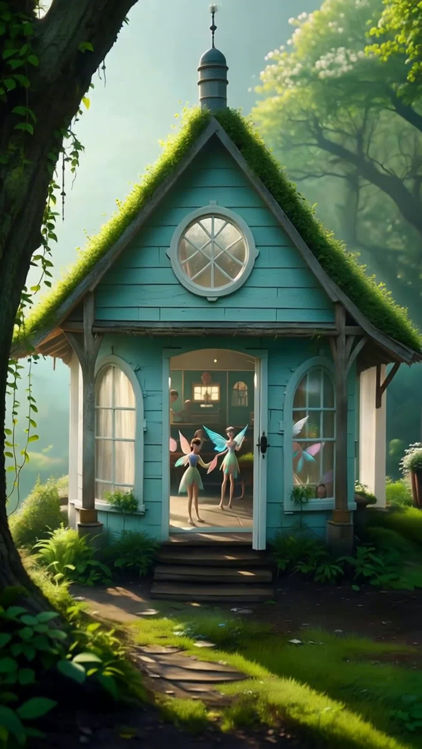 halfed fairy house, zoom in, fairies are moving inside,