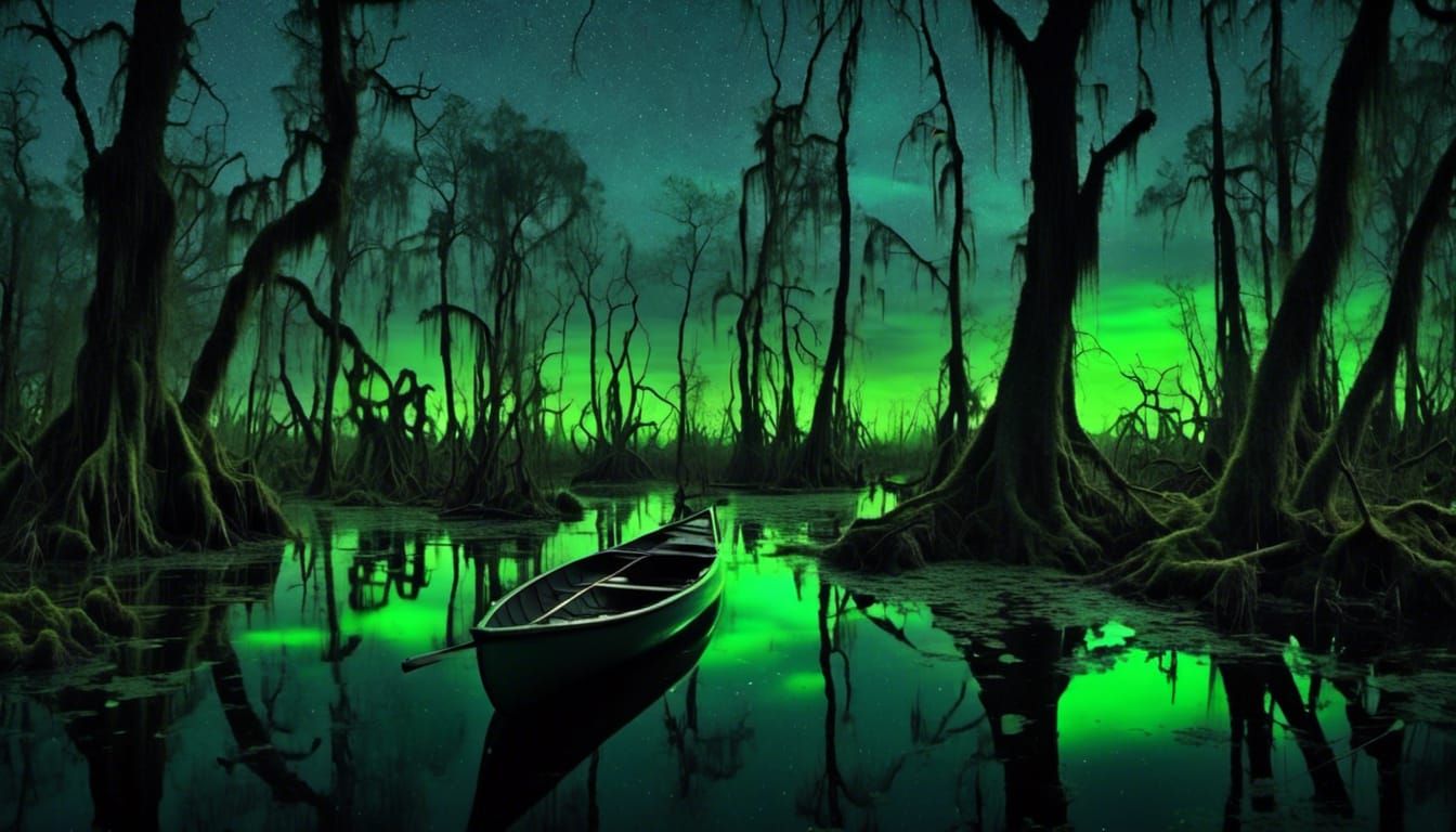canoeing in eerie bioluminescent green glowing swamp <lora:Bioluminescent Swamp:1.0> 