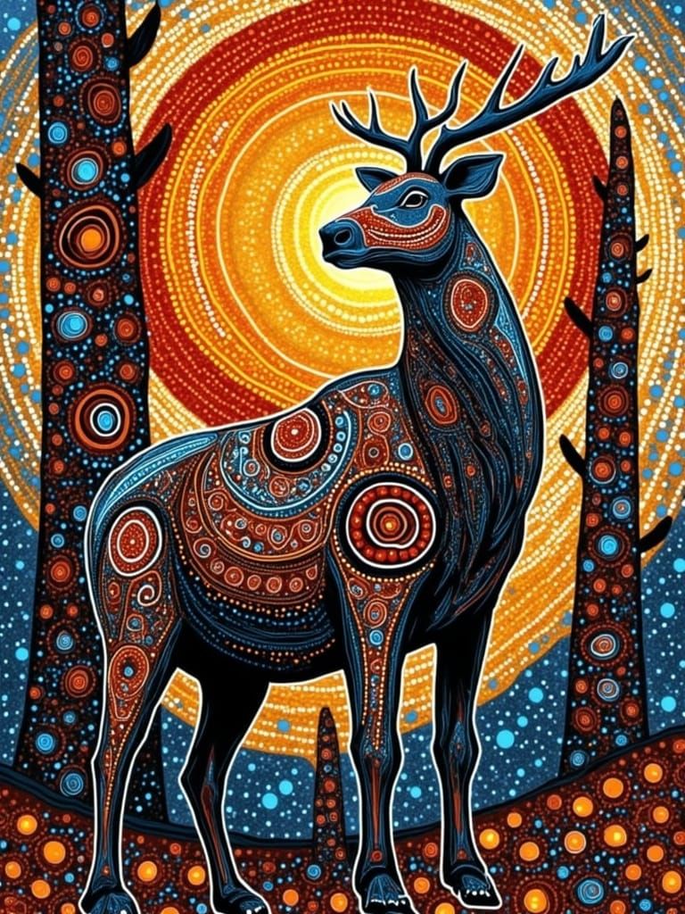 <lora:Aboriginal Style Dot:1.0> in native american art style, totem poles in background, reindeer  by @zoshart