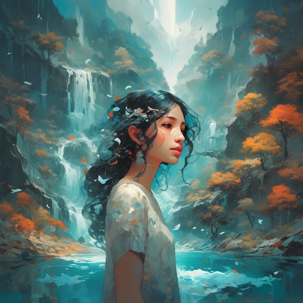 <lora:Endless Melody:1.0> Superimpose a waterfall onto a wom...