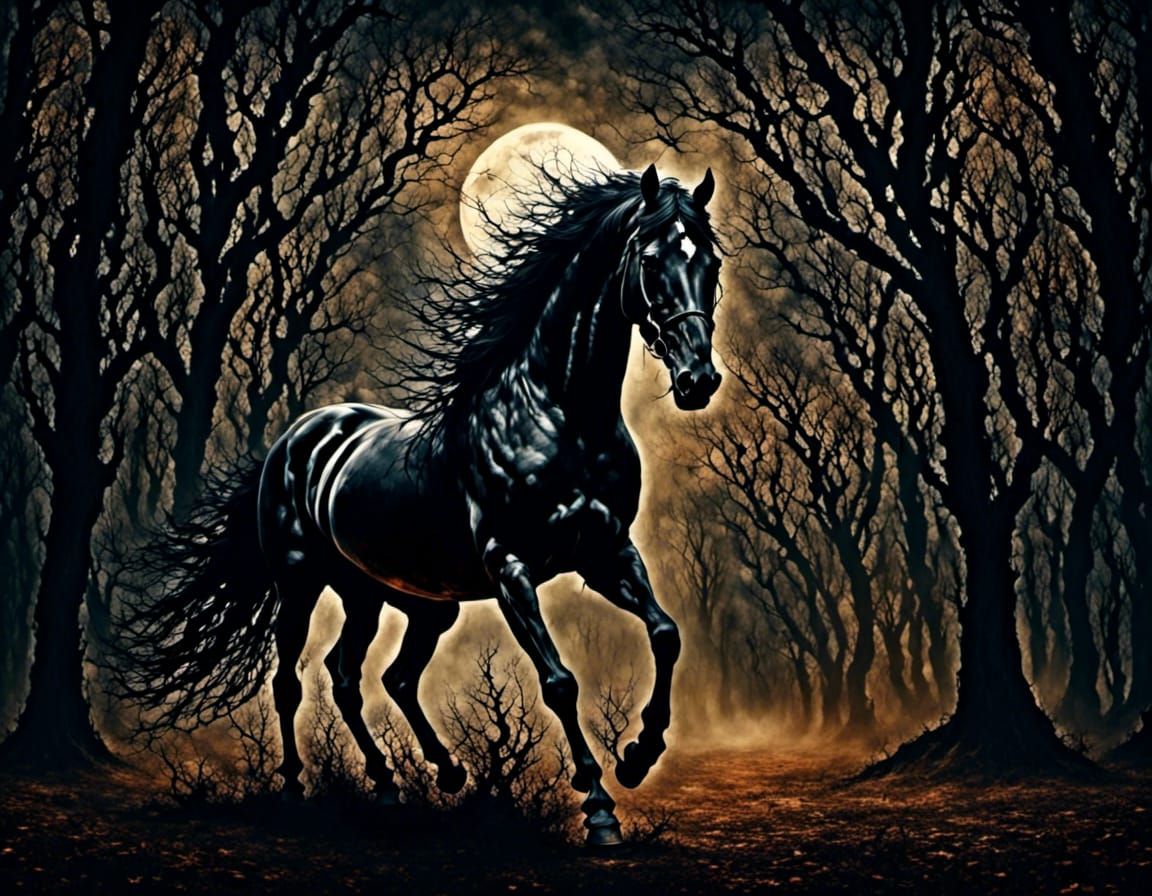 black horse:: fierce::strong::noble::  in the middle of the dark forest::lit by the moon::eldritch:: spooky:: midnight::deep colors:: H.R. G...