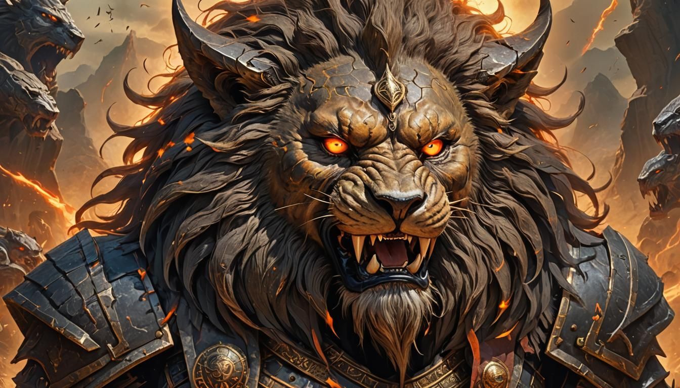 scenic picture of a ancient war god, lion beast face, pointy...