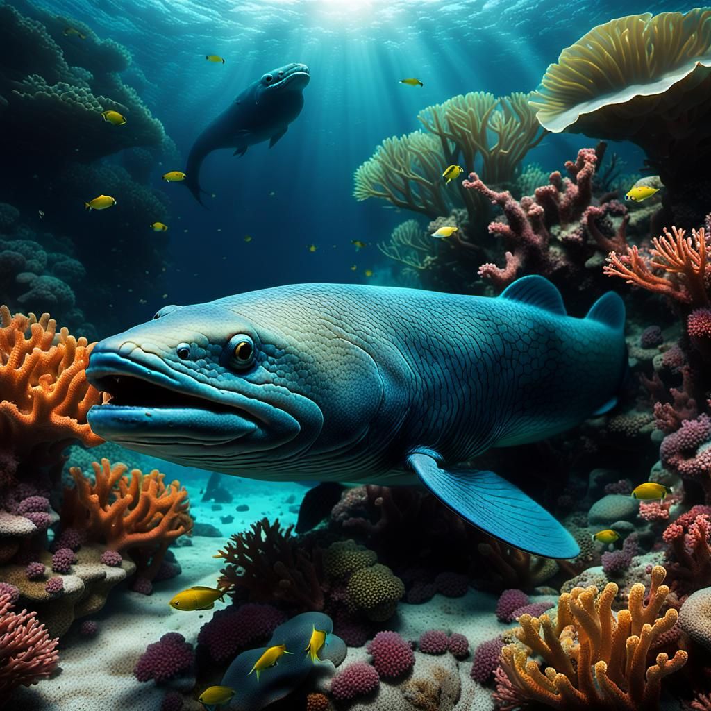 An electric eel fish navigating the dense coral reefs, illum...