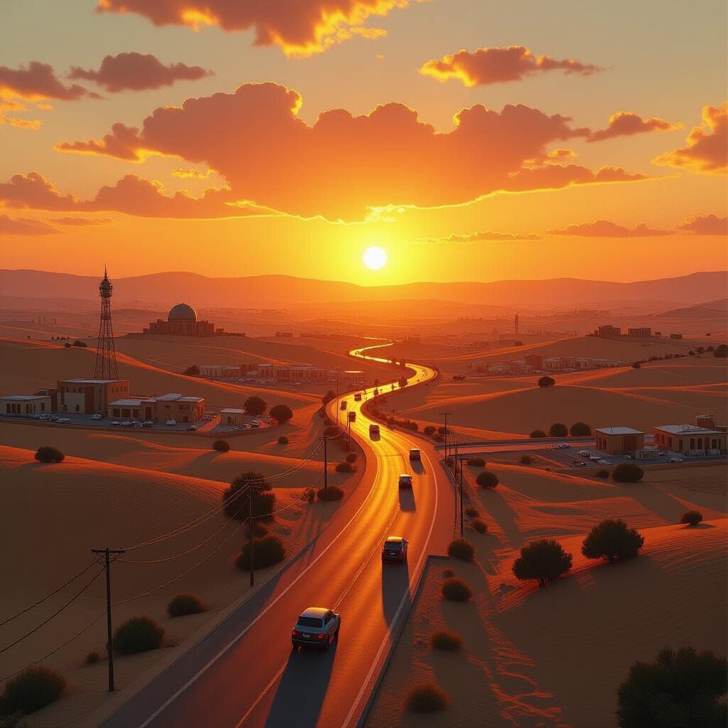 Israeli Landscape at Sunset in Dystopian Realism Style