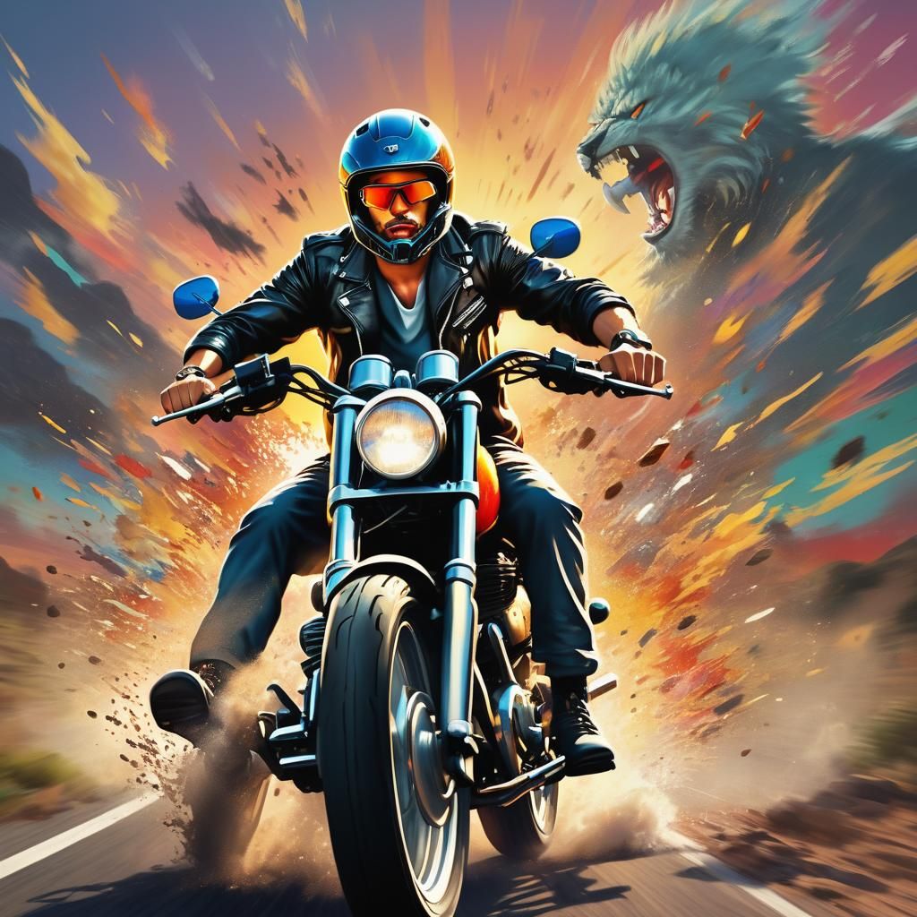 Born To Be Wild man riding a motorcycle on suncet Hyperreali...