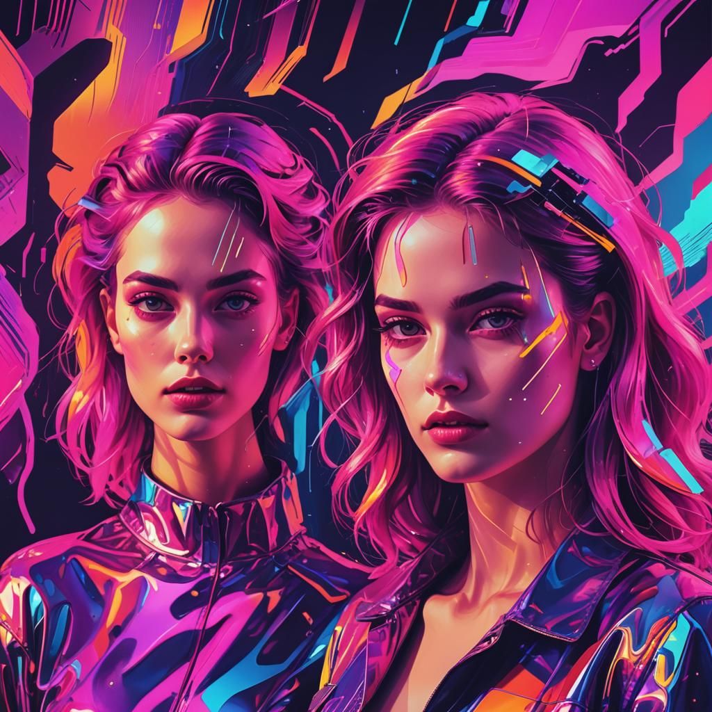 Women with vibrant glitching effect on them