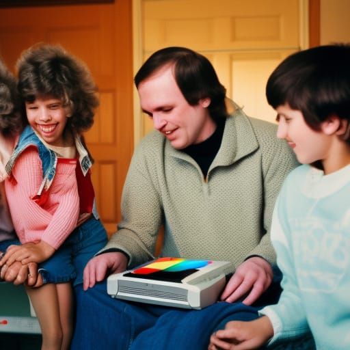 1980's family gathering around an Apple IIe computer