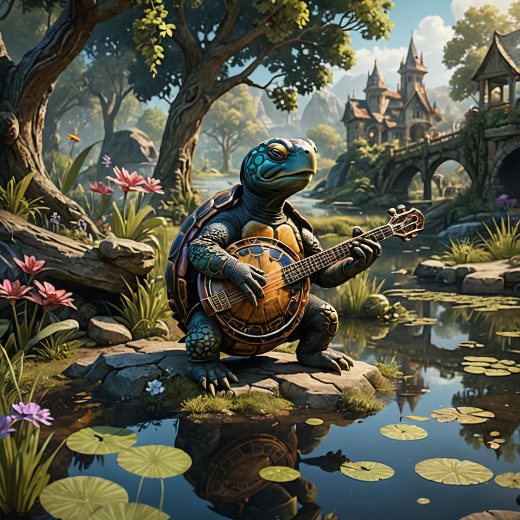 turtle playing banjo near a pond