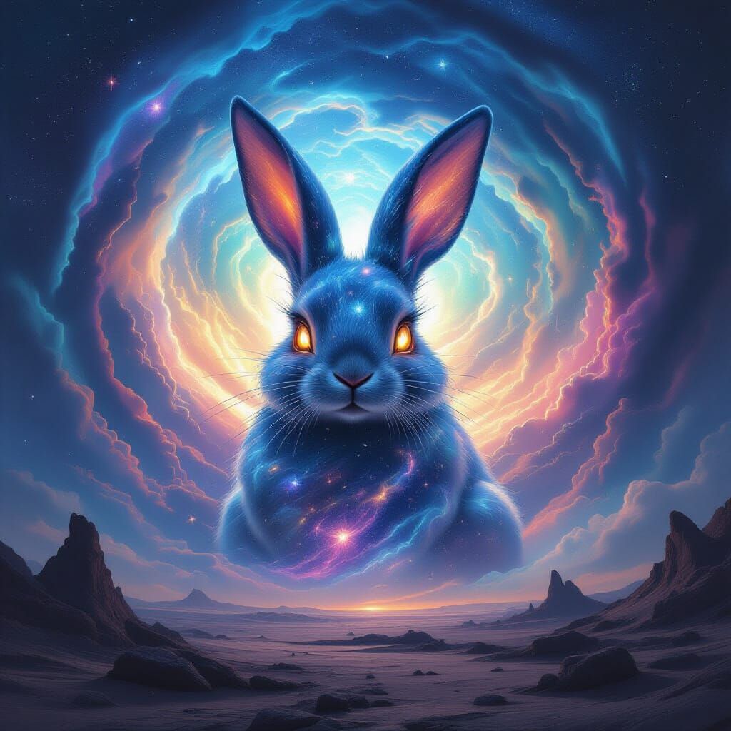 Surrealism. Close-up. A giant, ethereal rabbit made of stardust and nebulae emerges from a swirling vortex ...  by @Phils AI Art