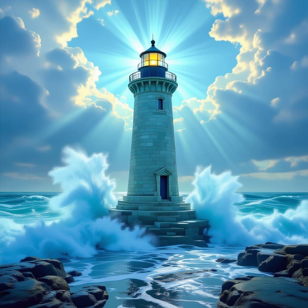 Hyper-realistic beautiful ancient, weathered lighthouse, its structure entirely composed of completely smooth polished sea glass in deep blu...
