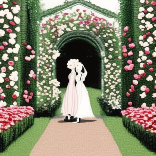 /imagine prompt: Couple walking in a garden of roses and car...