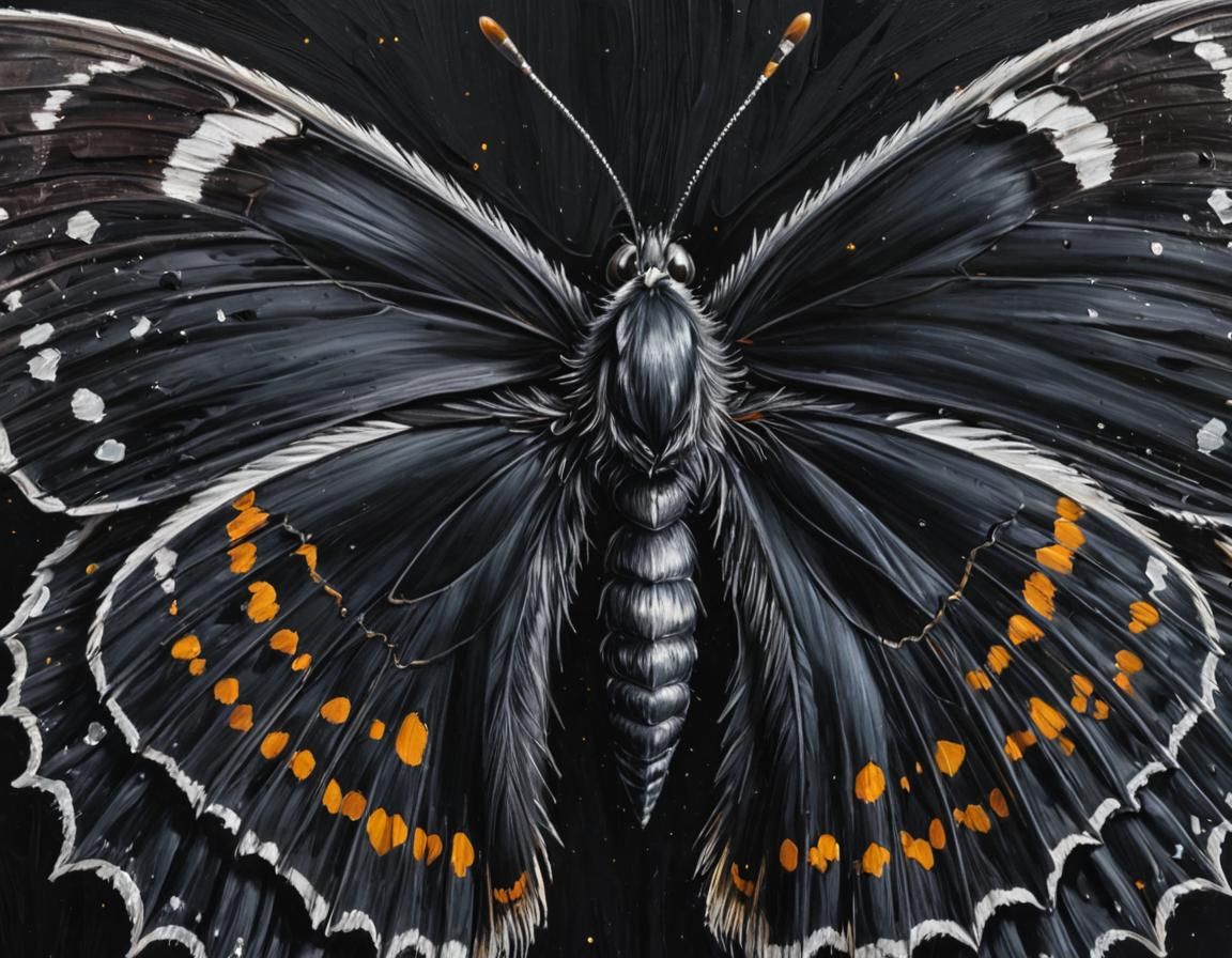 painting, a pitch black gorgeous cecropia painted with matte black paint, silver highlights, thick brush strokes, grunge style, merging perf...