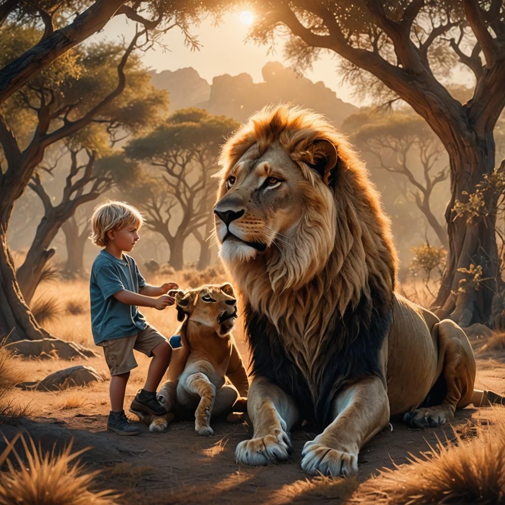 Boy and Lion in Mystical Savannah at Golden Hour