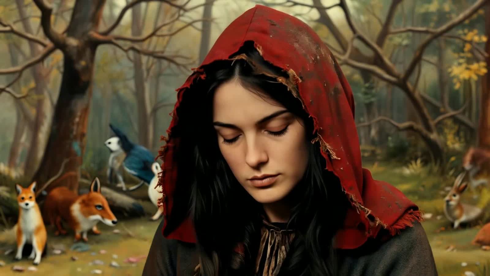A haunting and reflective portrayal of a young woman inspired by Little Red Riding Hood, reimagined with a darker, more ...