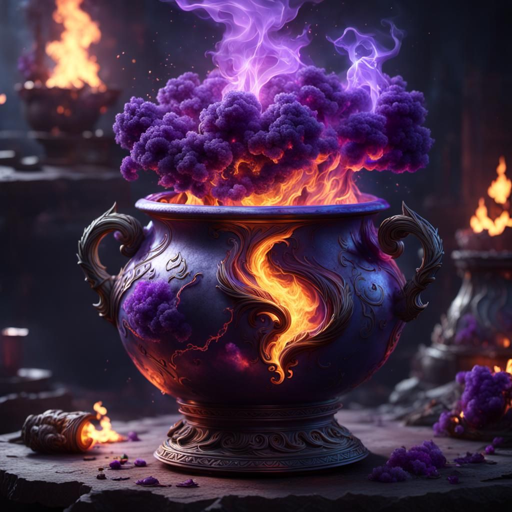 Cauldron-shaped vase with purple fire electricity   by @ Demon King Rain Phoenix Tilla 