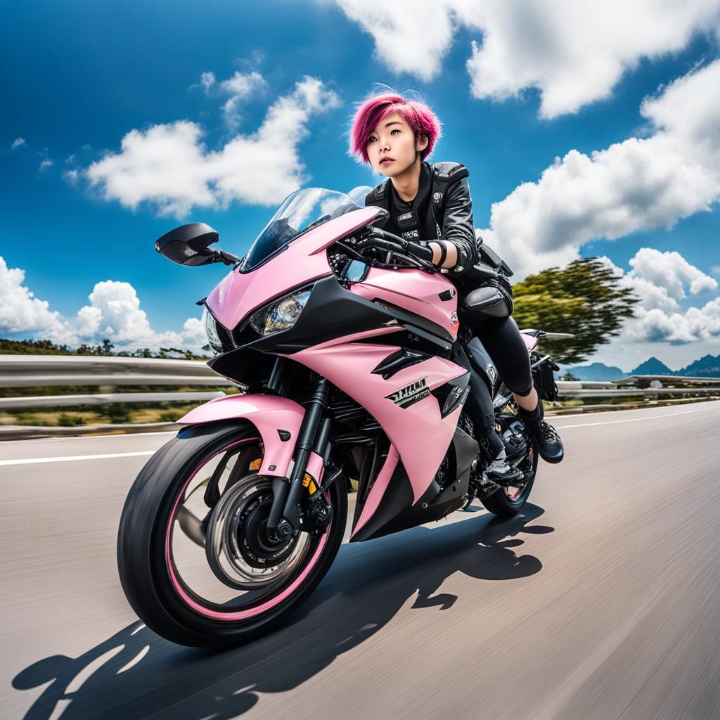 Taiwanese girl riding a YAMAHA YZF R15 motorcycle. AI Generated Artwork NightCafe Creator