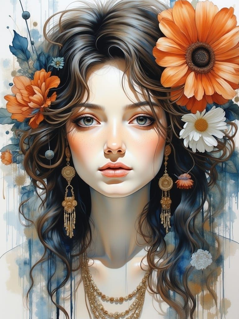 <lora:Double Detailer v2:1.2> Portrait of a beautiful woman with flowers in the hair, ornaments and trinkets, earrings, watercolor, airbrush...