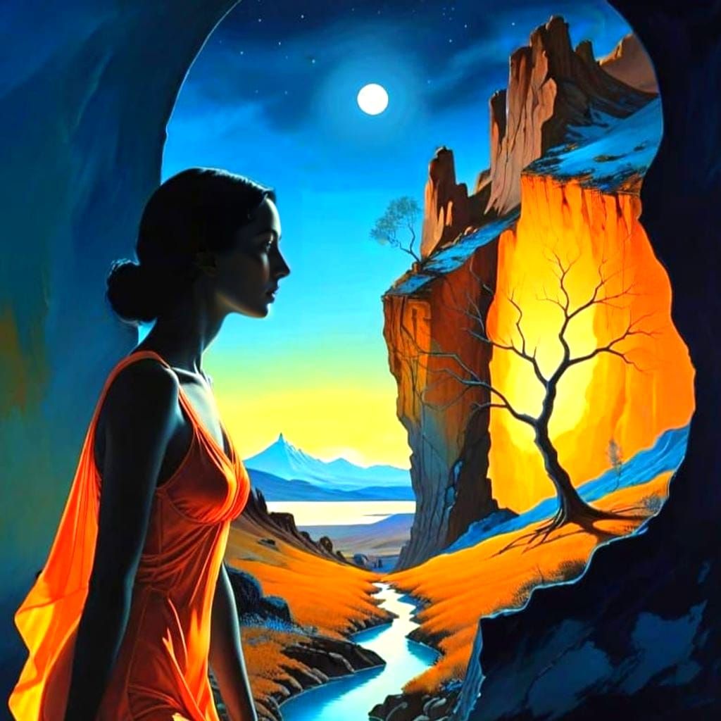 Surrealistic Landscape with Tiny Female Silhouette