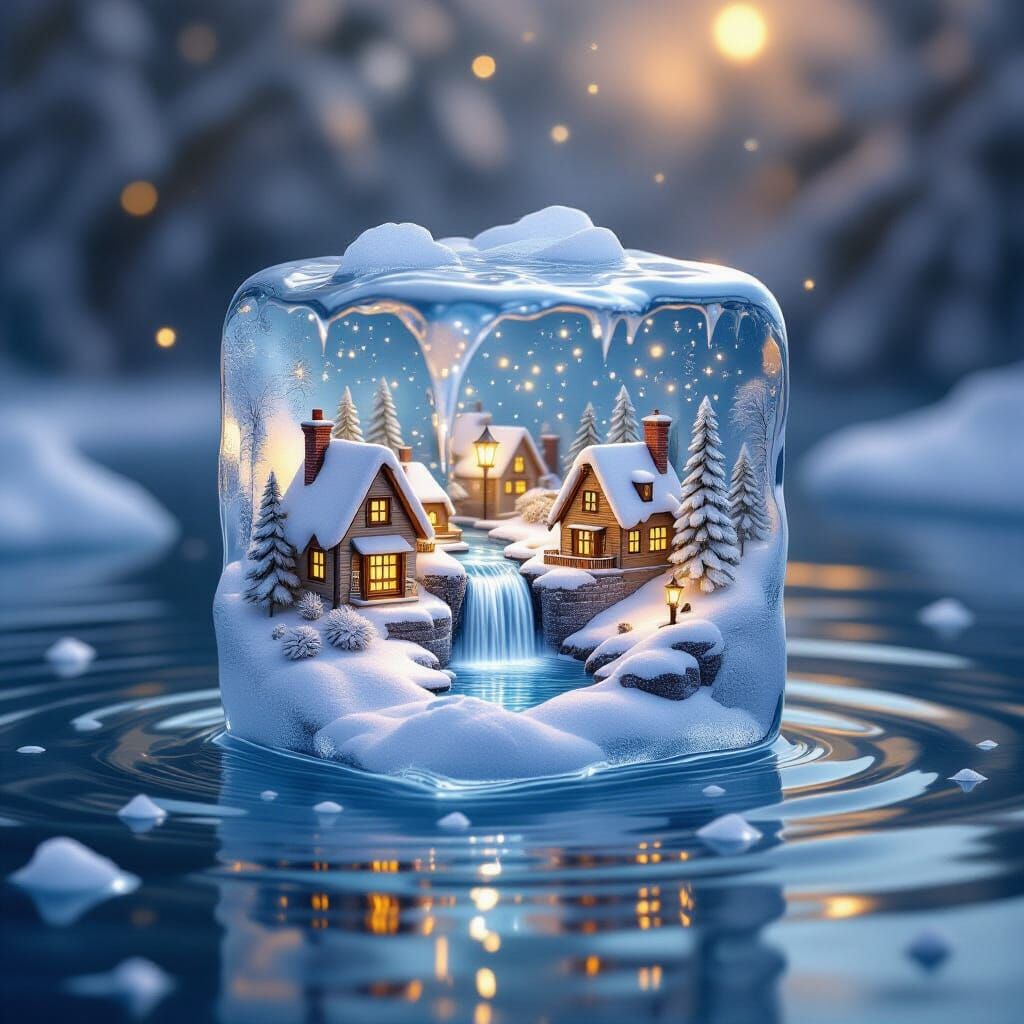 Melting Ice Cube Reveals Cozy Houses and Waterfall