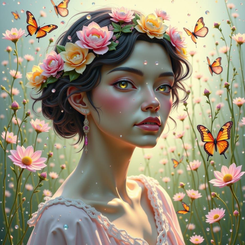 A serene portrait of a woman with flowers woven into her hair, surrounded by softly glowing butterflies. The butterflies flutter gently arou...
