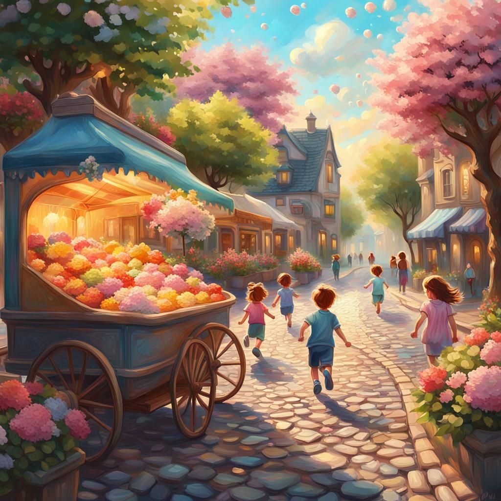 Children's Fantasy: Vibrant Oil Painting of Summer Joy