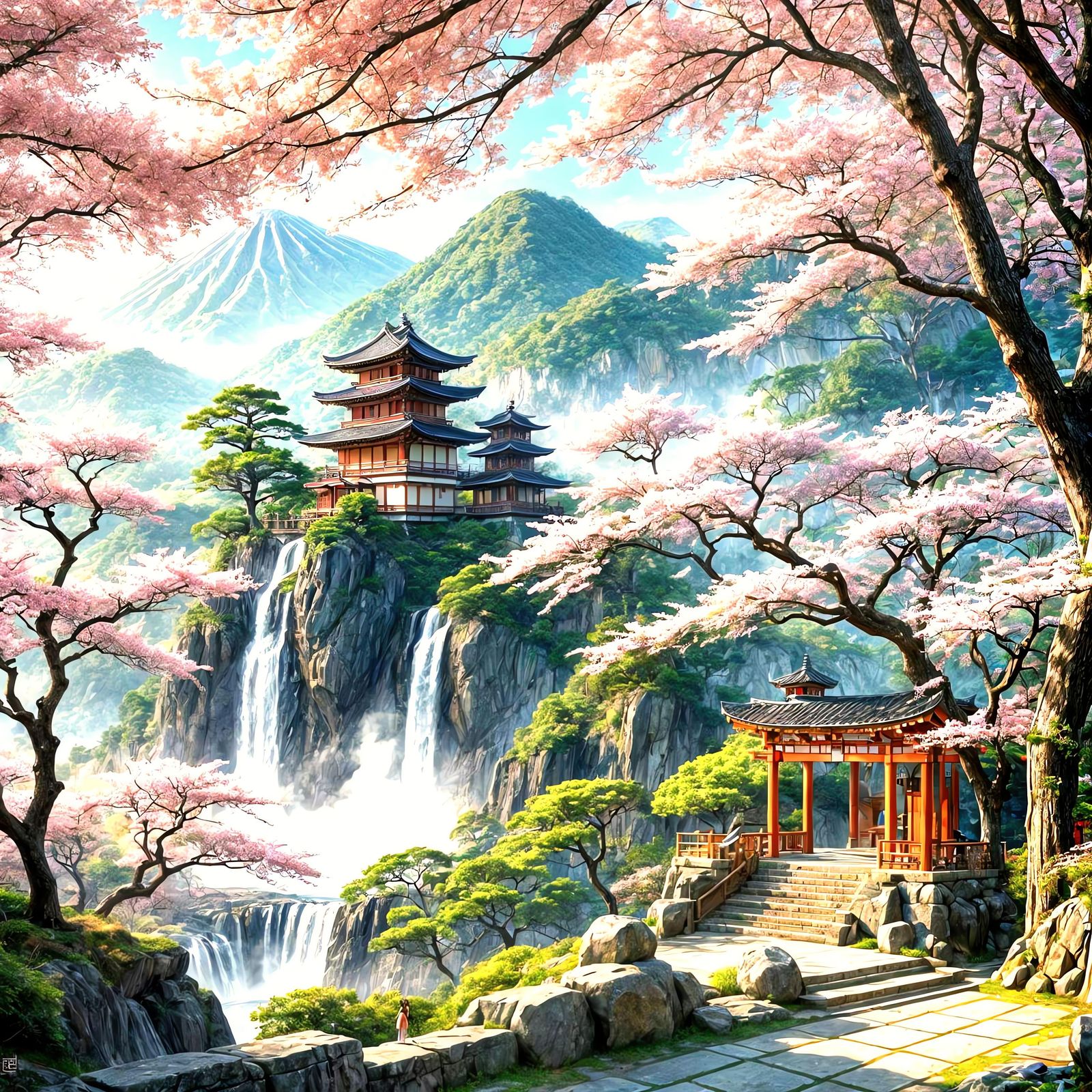 Anime Style Dojo with Distant Cliff Fountain