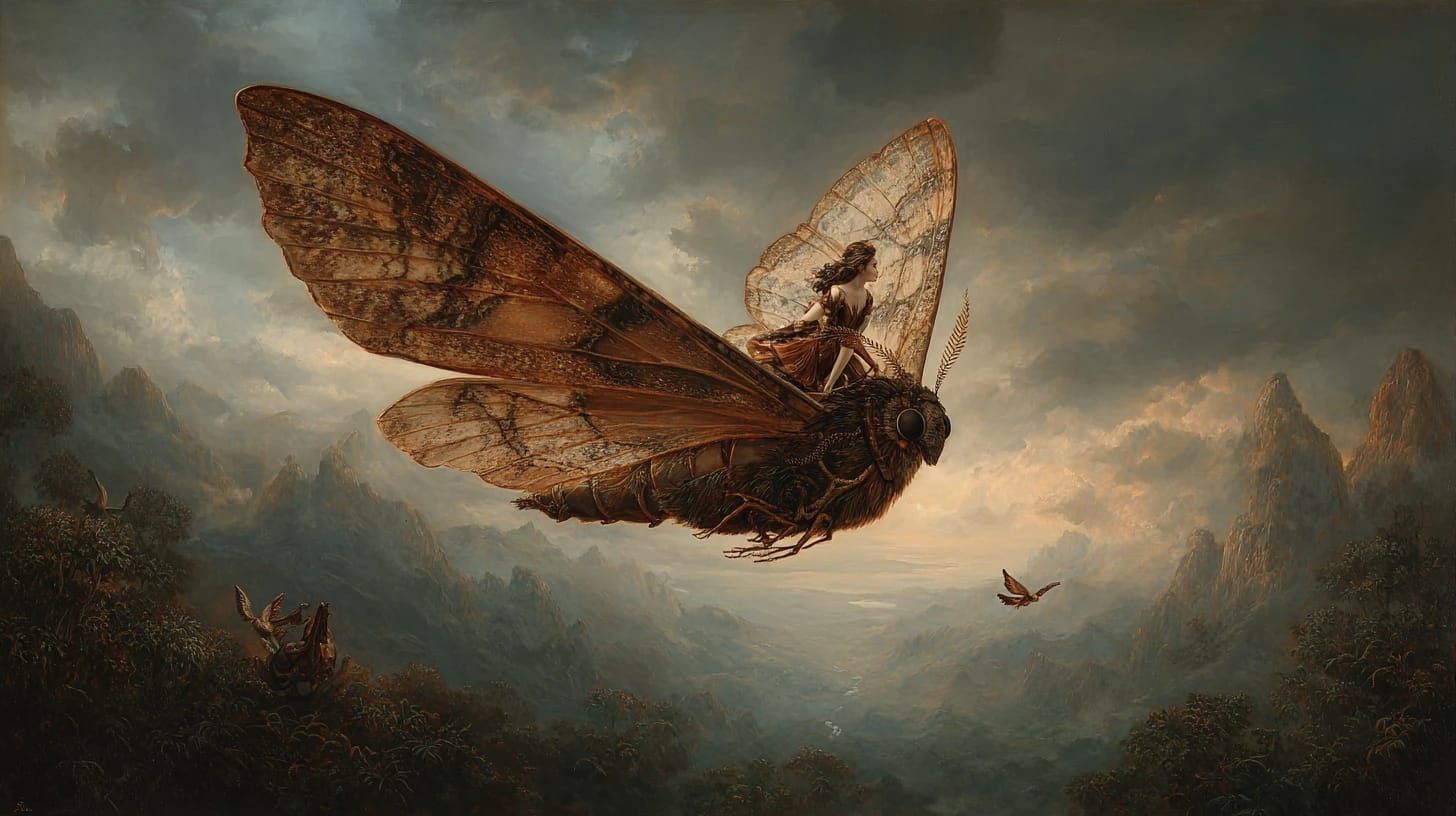 The Great moth slowly flapping its wings as it flies across the great valley carrying the fairy princess