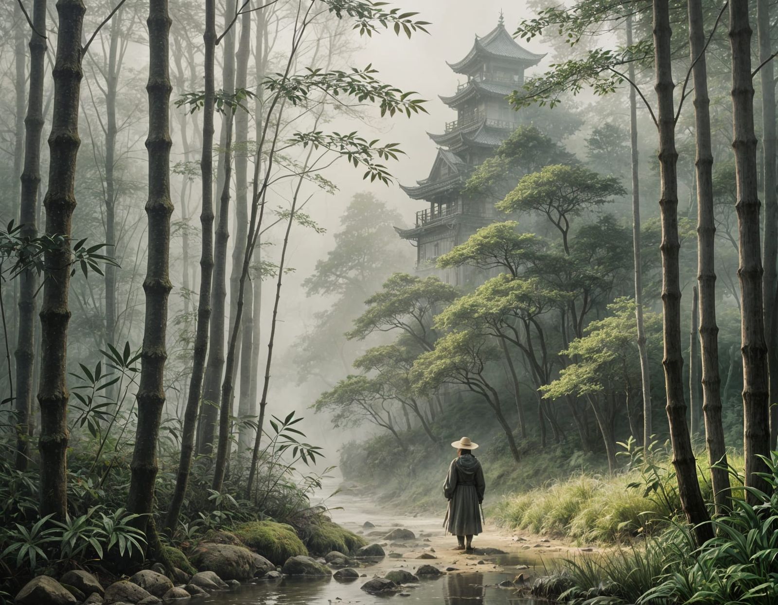 Thru the foggy bamboo forest path  by @AdvanceBegginerAIGenerator