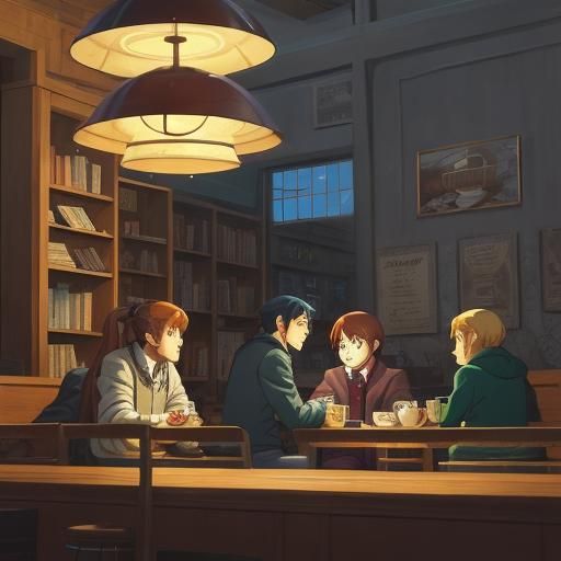 A cozy coffee shop scene with people enjoying cups of coffee...
