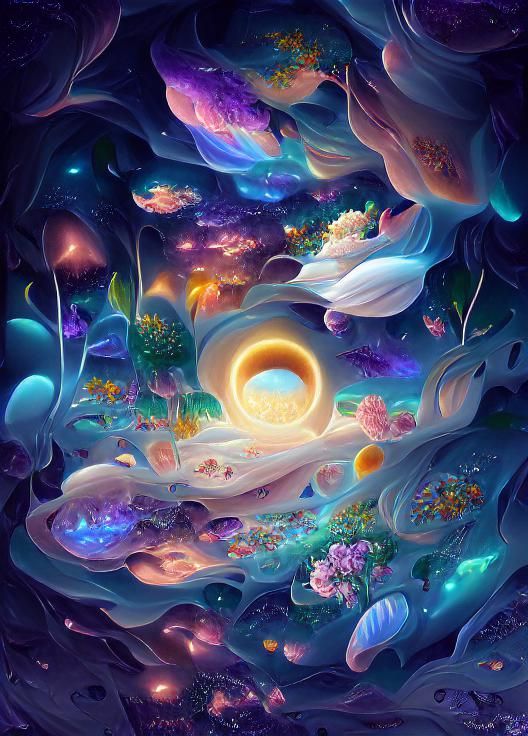 In space, a sky full of brilliant stars and colorful planets...