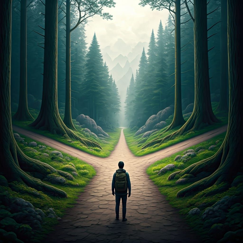 Lost Traveler at Misty Crossroads: Matte Painting