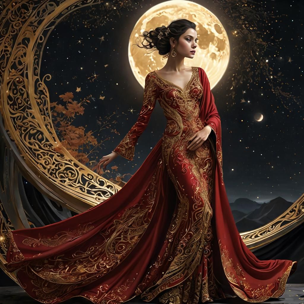 woman BEAUTIFUL with red-black dress shimmering like celestial body amidst velvety night-sky, exuding ...  by @Aase