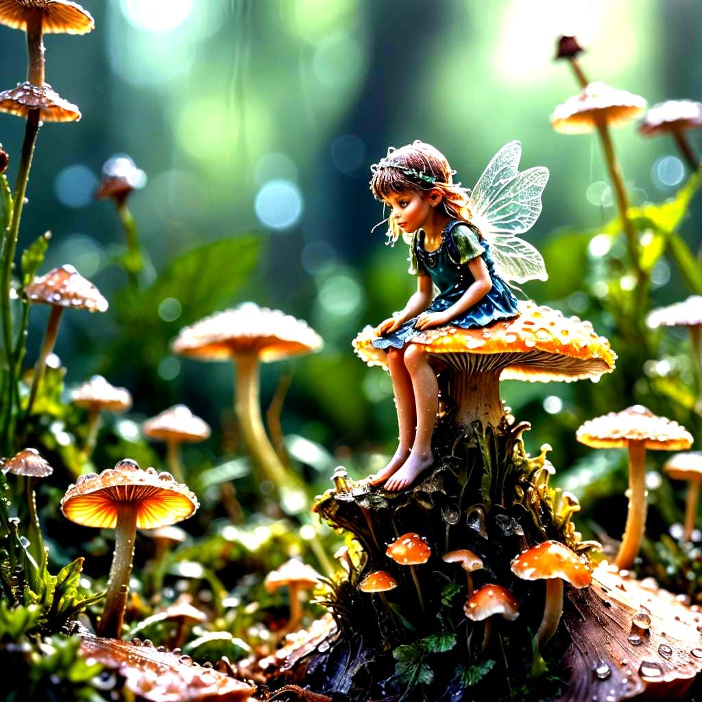 Macro photography of a tiny fairy sitting on a mushroom. Dew...