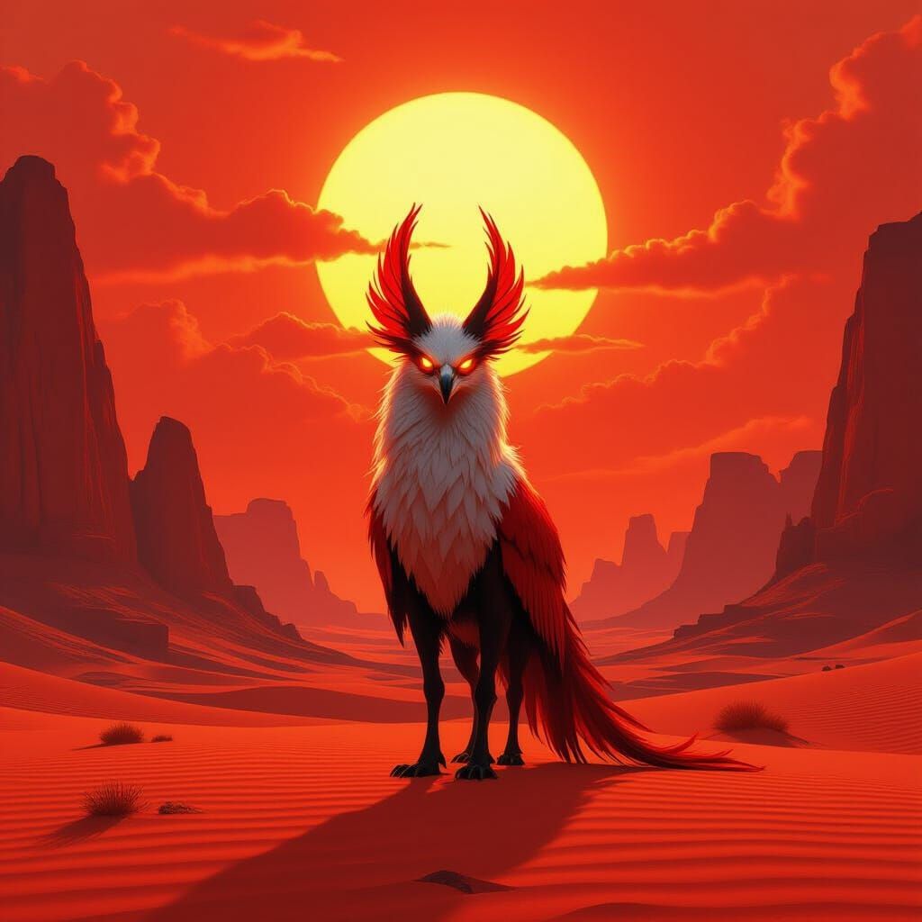 A vast crimson desert under blazing red skies, illuminated by a fiery sun, with towering jagged cliffs ...  by @Yossi Cohen