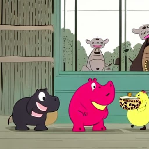 In an animal supermarket, a kind hippo advises animal buyers...