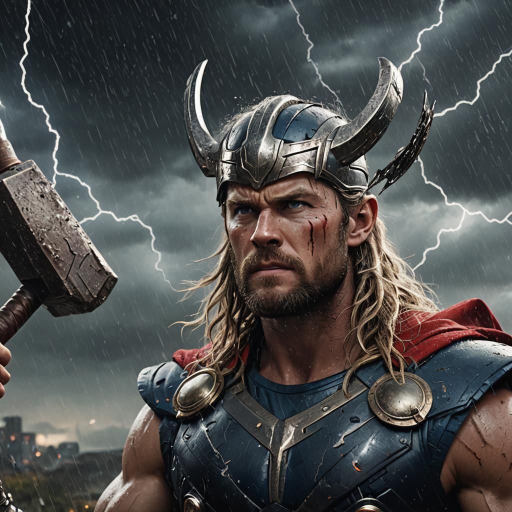 8k thor focused with hammer looking up and angry 3d dark sky...