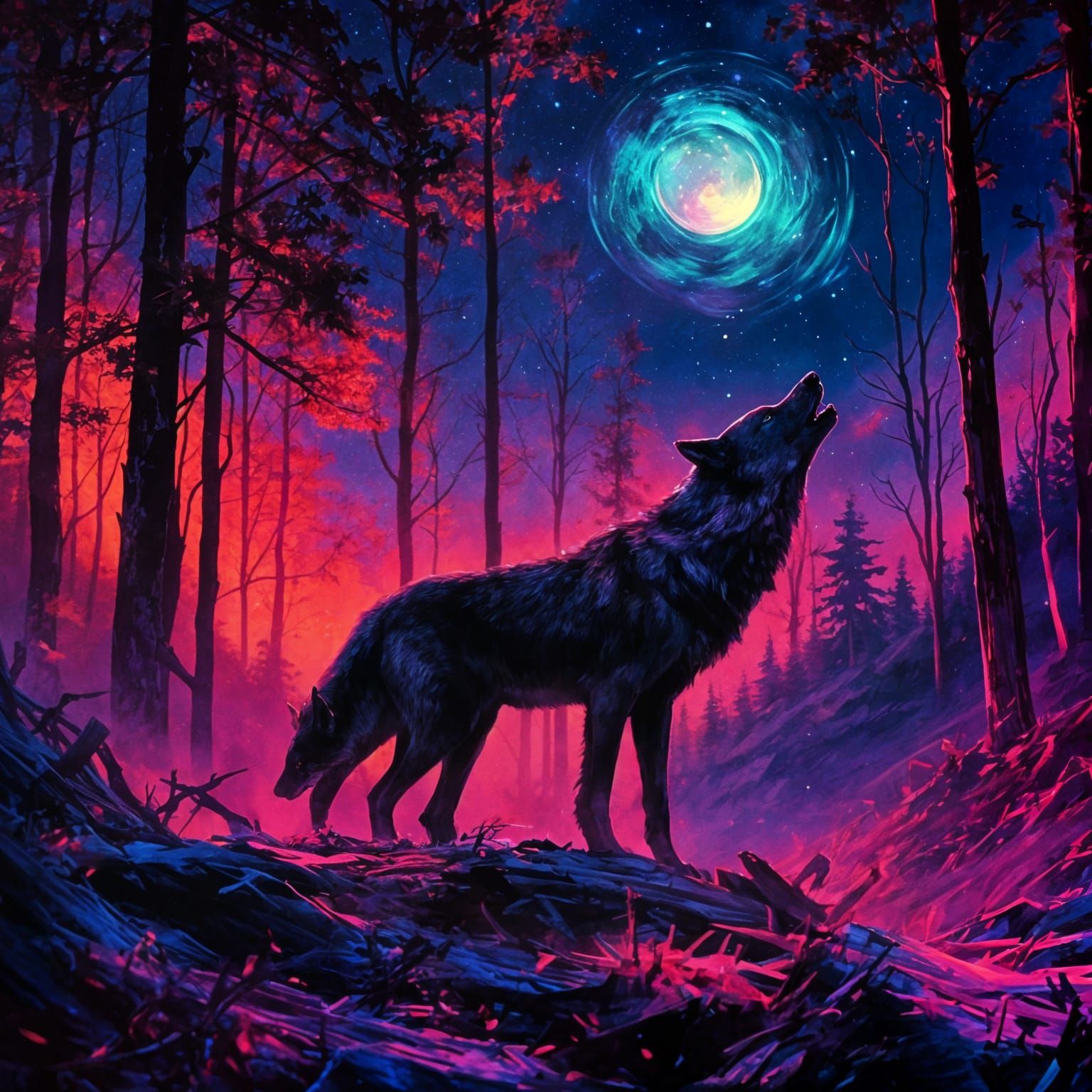 Cosmic Wolf Howling Silhouette in Cyberpunk Style
