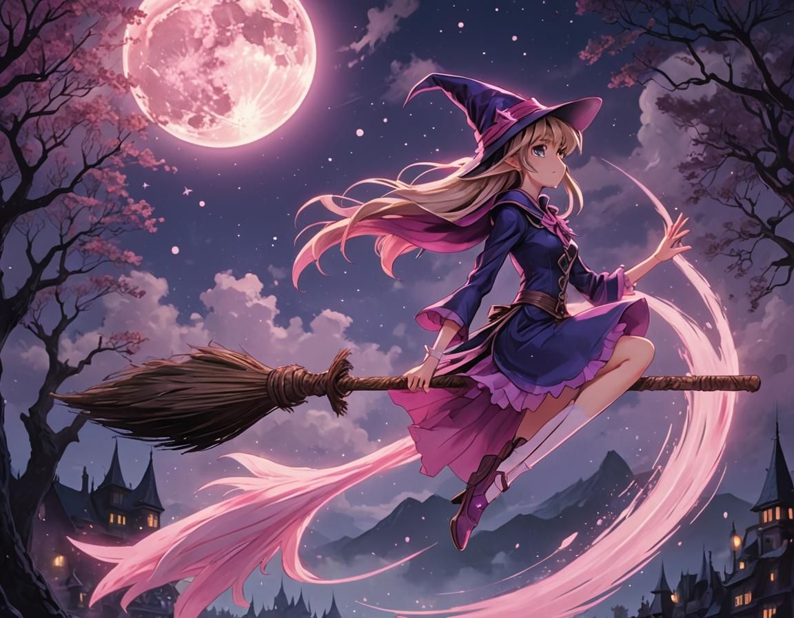 The Dark Magician Girl from Yu-Gi-Oh, riding a broom in fron...