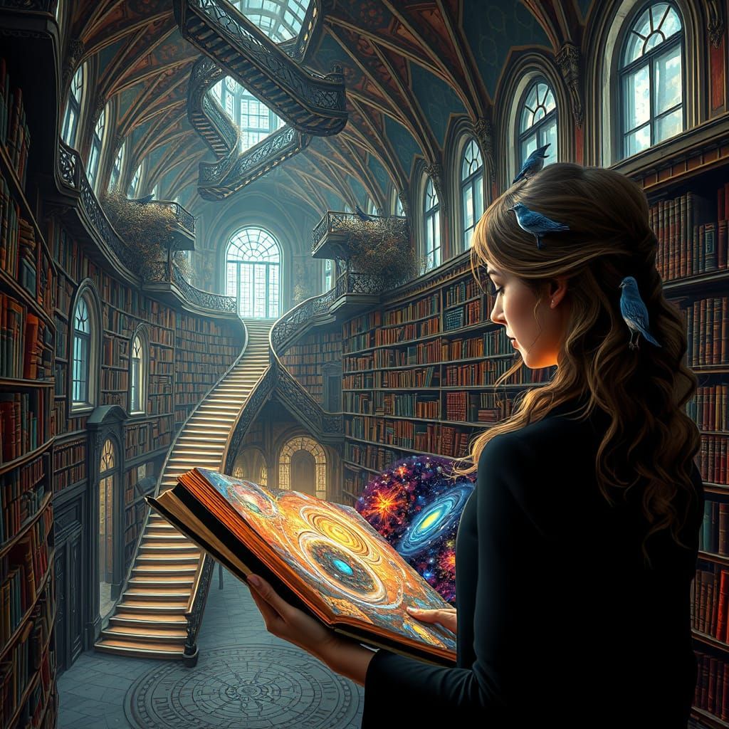 Surreal Library with Impossible Architecture and G... - AI Art