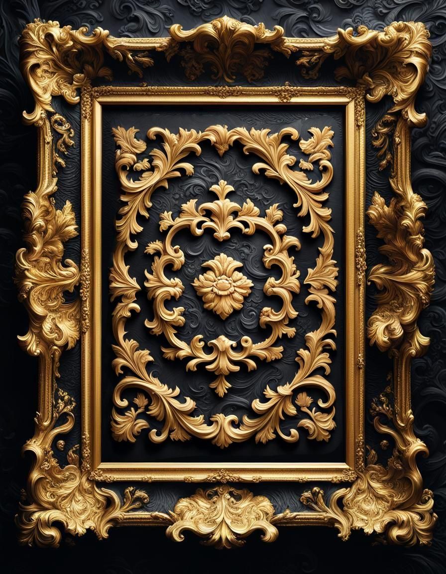An ornate gold (rectangular) frame on a black background emb...