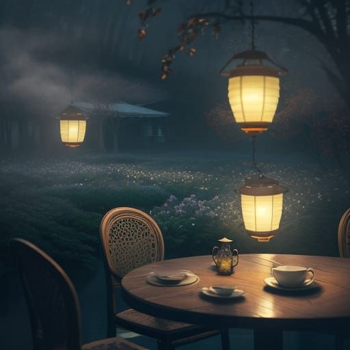 Enchanted Cafés. A photorealistic depiction of a café table set with a steaming mug that glows from within. Floating lanterns drift lazily a...
