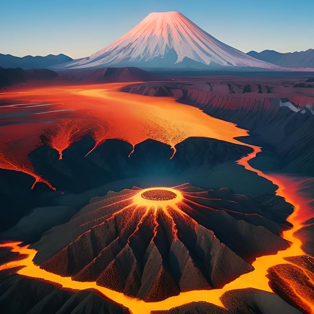 Volcanic Landscape with Mountains and Fire