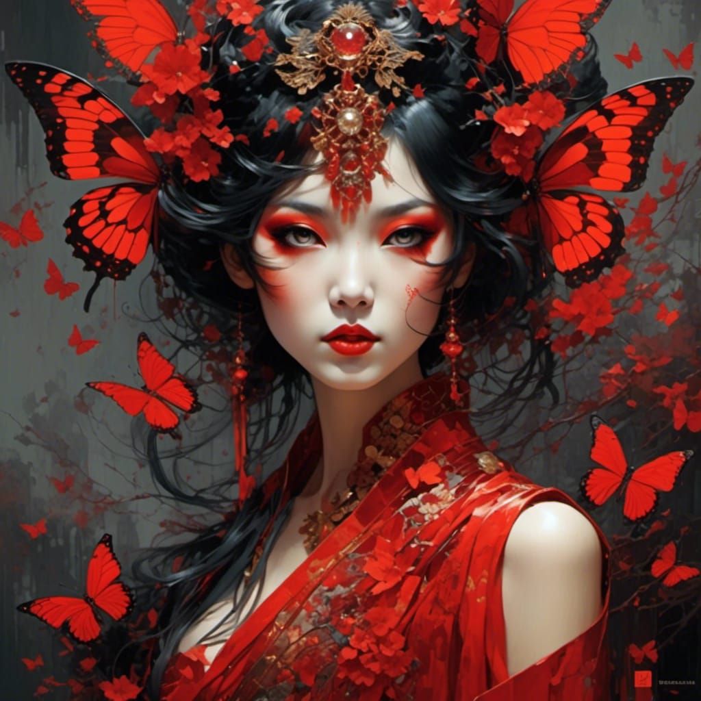 <lora:Constellation:1.0> Geisha. butterfly. Red