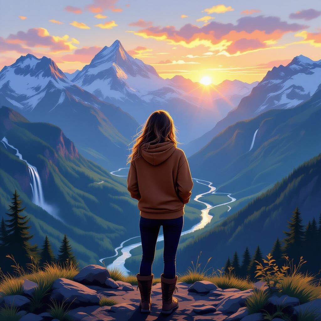 Breathtaking Mountain Sunrise with Serene Woman